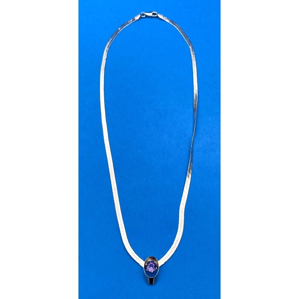 925 Italy SU Herringbone Chain Necklace 16in Fixed Purple Oval Gem Stone Pendant